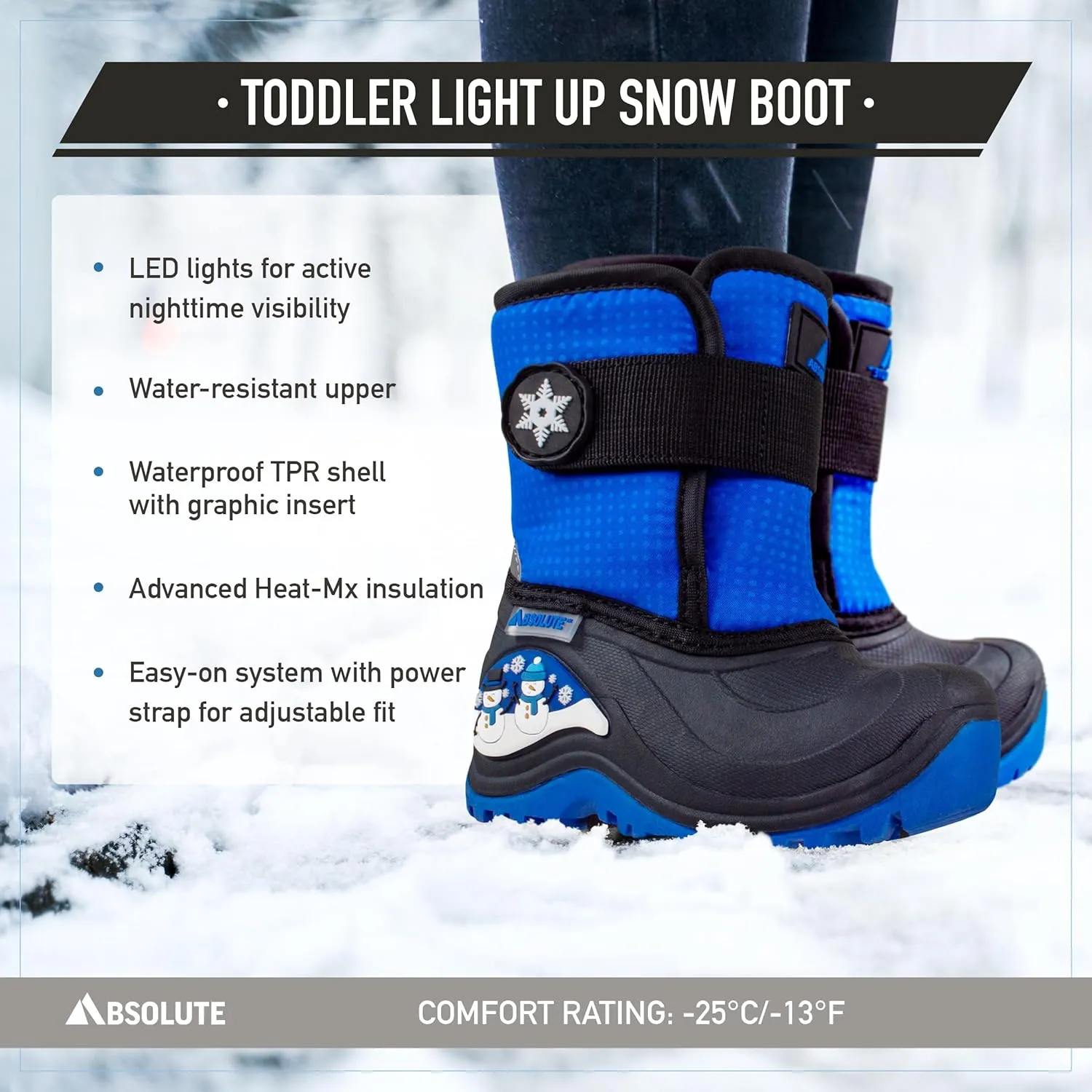 Absolute Sterling 3 Toddler Little Kids Light Up Snow Winter Boots, Warm, Insulated, Waterproof Shell
