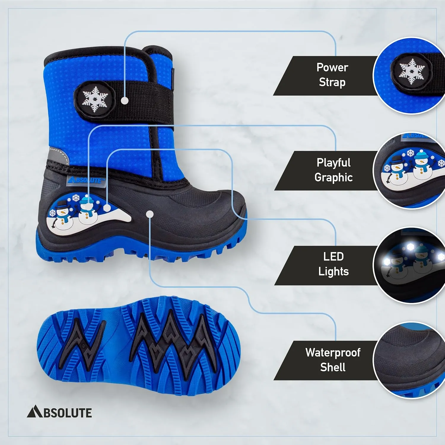 Absolute Sterling 3 Toddler Little Kids Light Up Snow Winter Boots, Warm, Insulated, Waterproof Shell