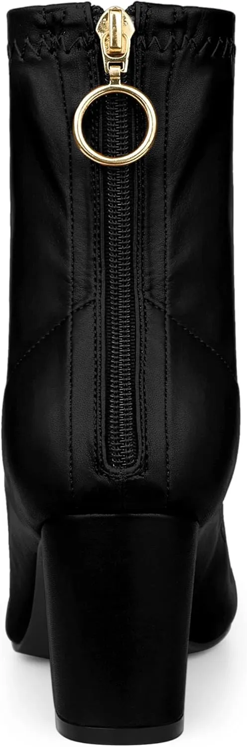 Allegra K Women's Pointy Toe Back Zip Block Heel Ankle Boots