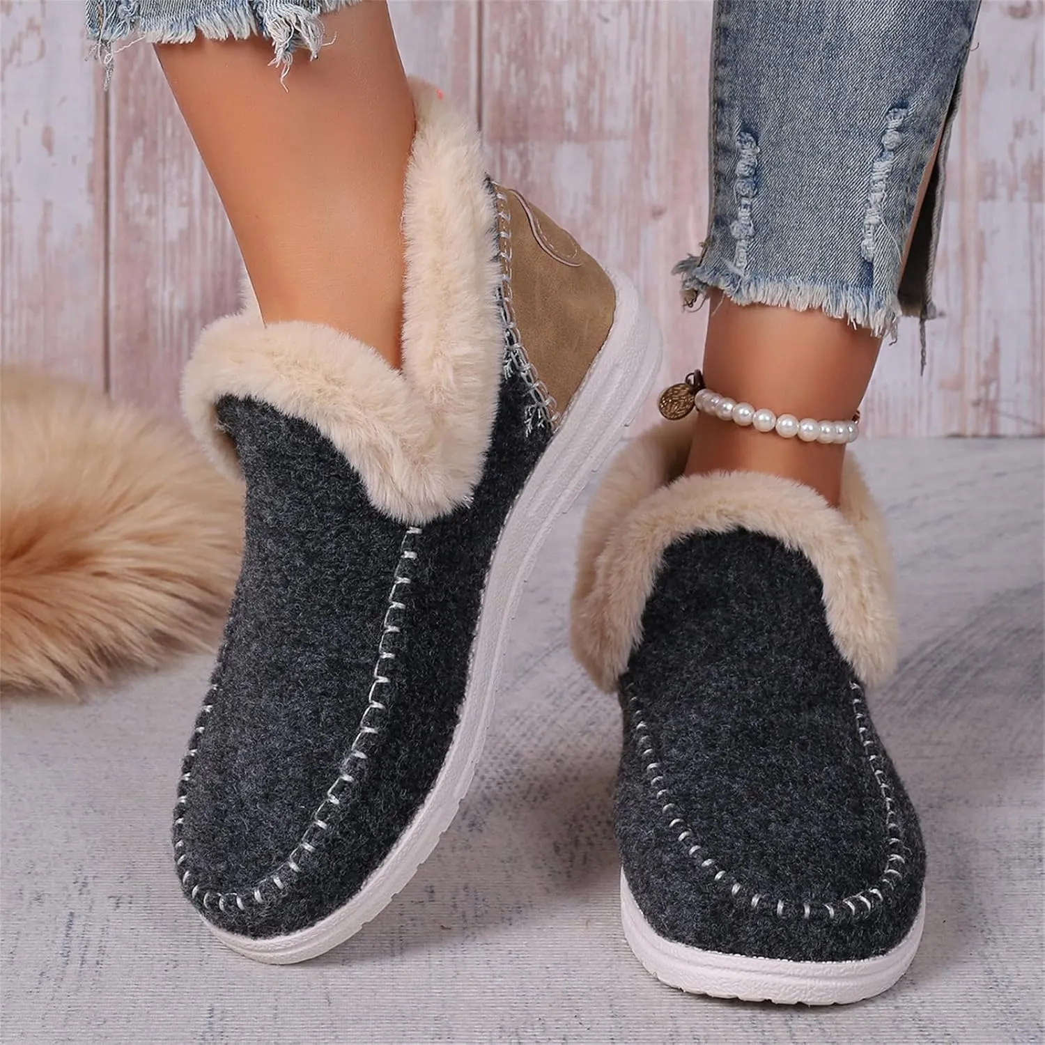 Ankle Boots For Women Comfy Winter Snow Boots Slip on Warm Comfortable Outdoor Fur Lined Thickening Loafers Shoes