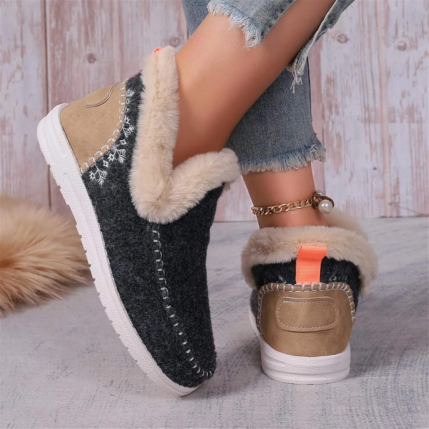 Ankle Boots For Women Comfy Winter Snow Boots Slip on Warm Comfortable Outdoor Fur Lined Thickening Loafers Shoes