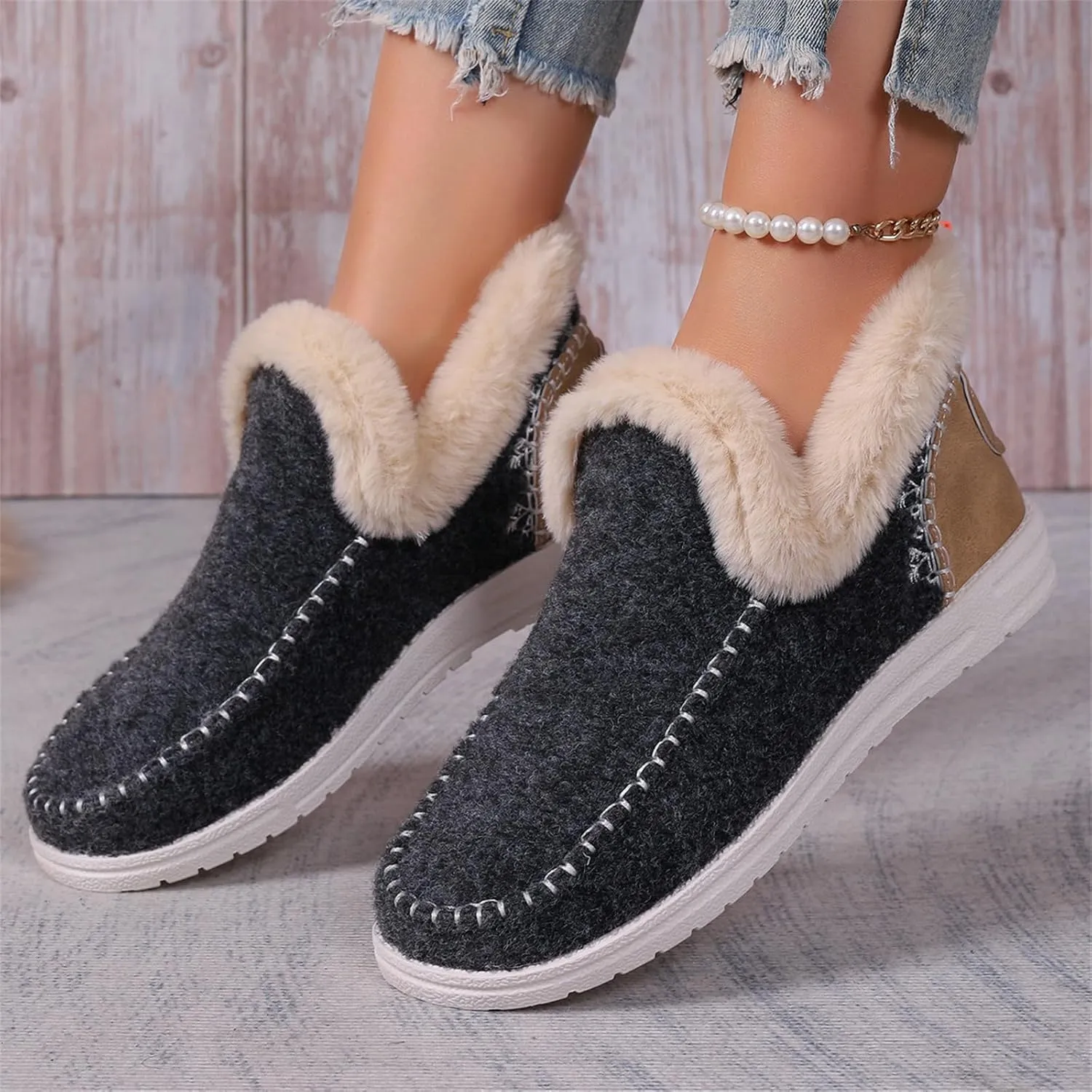 Ankle Boots For Women Comfy Winter Snow Boots Slip on Warm Comfortable Outdoor Fur Lined Thickening Loafers Shoes
