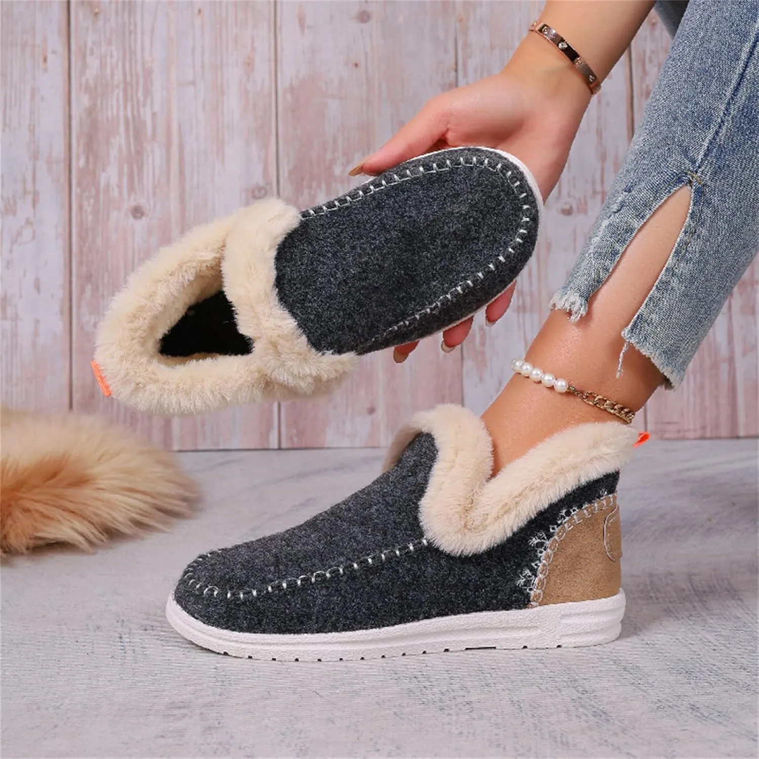Ankle Boots For Women Comfy Winter Snow Boots Slip on Warm Comfortable Outdoor Fur Lined Thickening Loafers Shoes