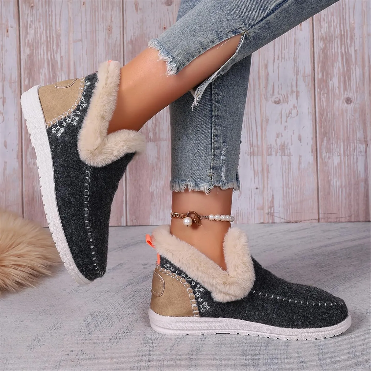 Ankle Boots For Women Comfy Winter Snow Boots Slip on Warm Comfortable Outdoor Fur Lined Thickening Loafers Shoes