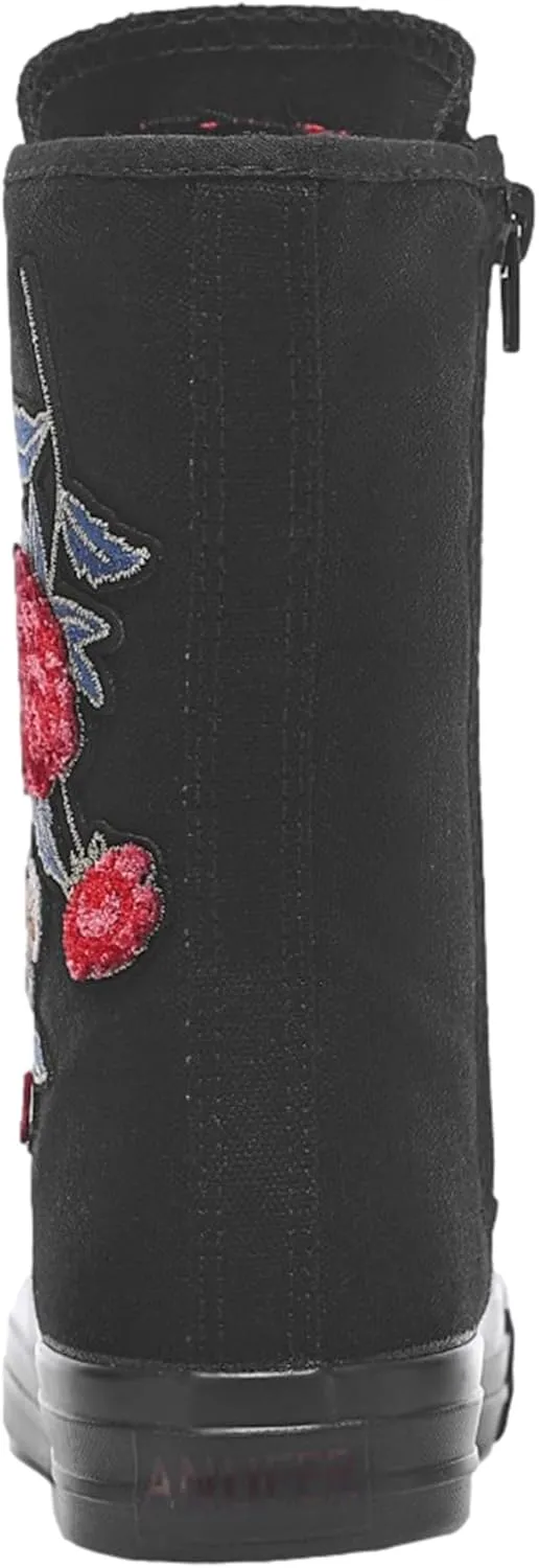 ANUFER Womens Girls Classic Mid-Calf Lace Up Zipper Canvas Boots Casual High Top Canvas Sneakers