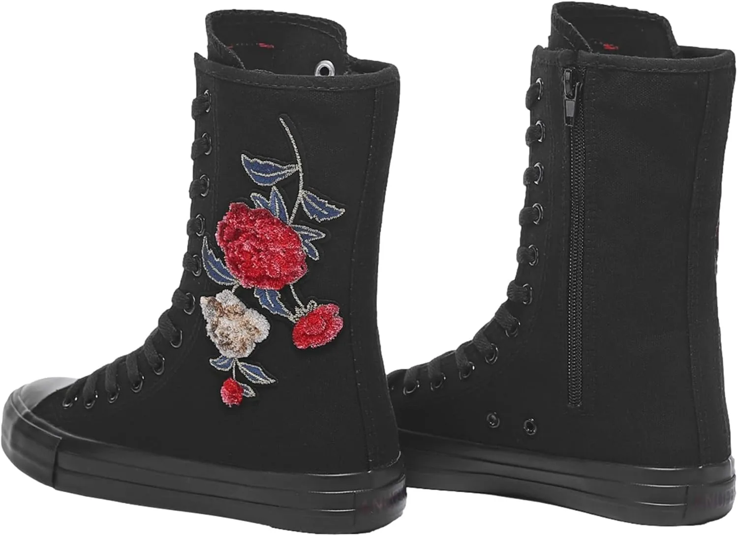 ANUFER Womens Girls Classic Mid-Calf Lace Up Zipper Canvas Boots Casual High Top Canvas Sneakers