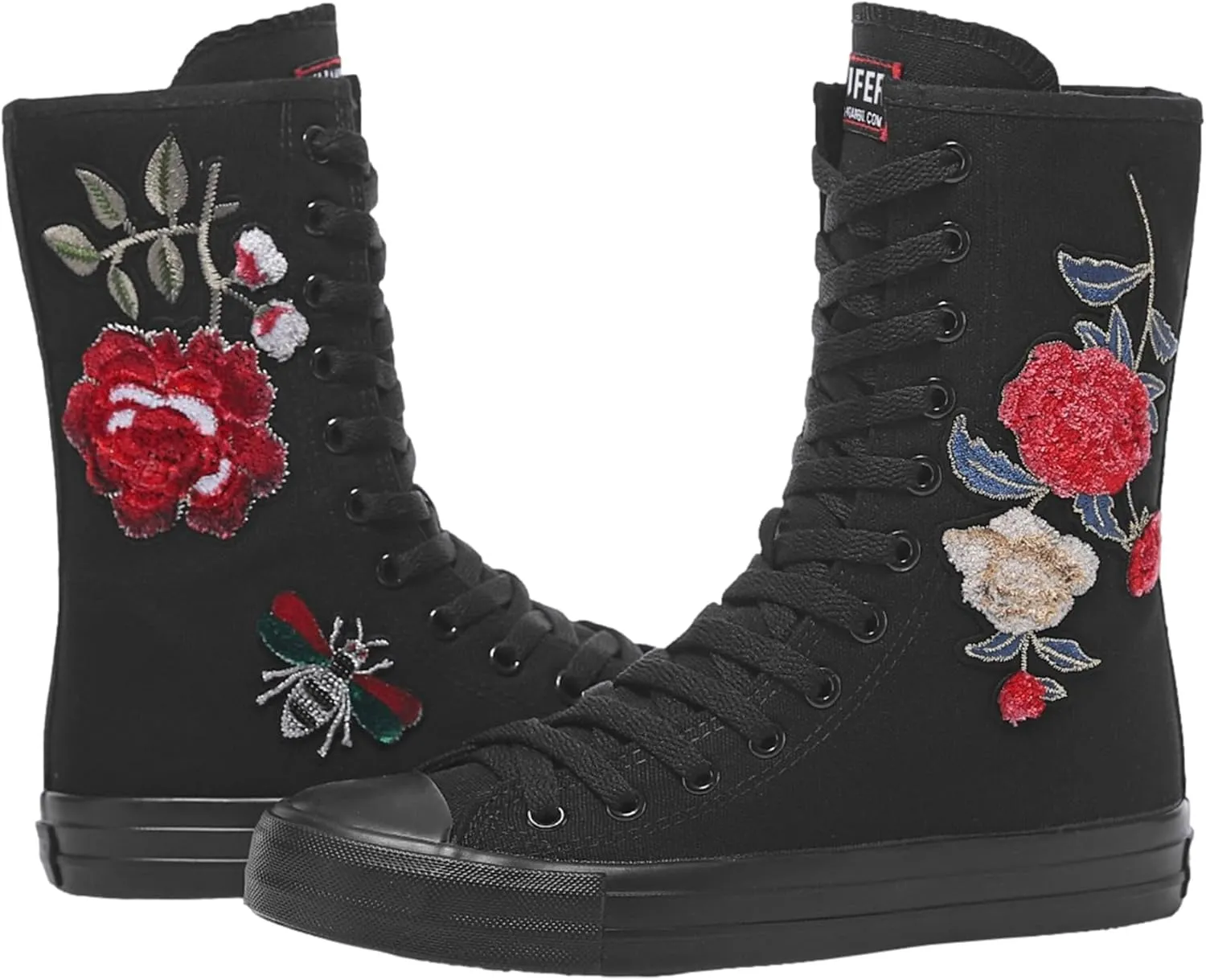 ANUFER Womens Girls Classic Mid-Calf Lace Up Zipper Canvas Boots Casual High Top Canvas Sneakers