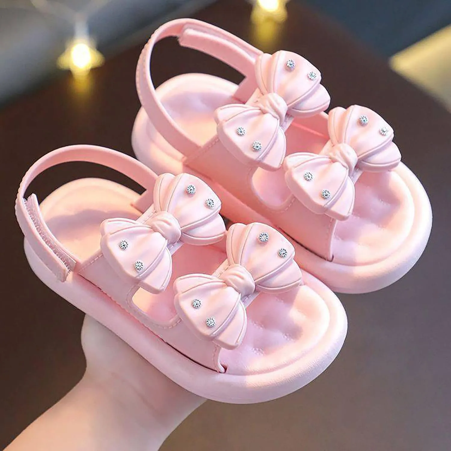 Baby Infant 𝗣ink Bow Pearl Foam Sandals With Strap Summer Casual Toddler Girls Flat Wide Shoes Slip On Shower Loafers