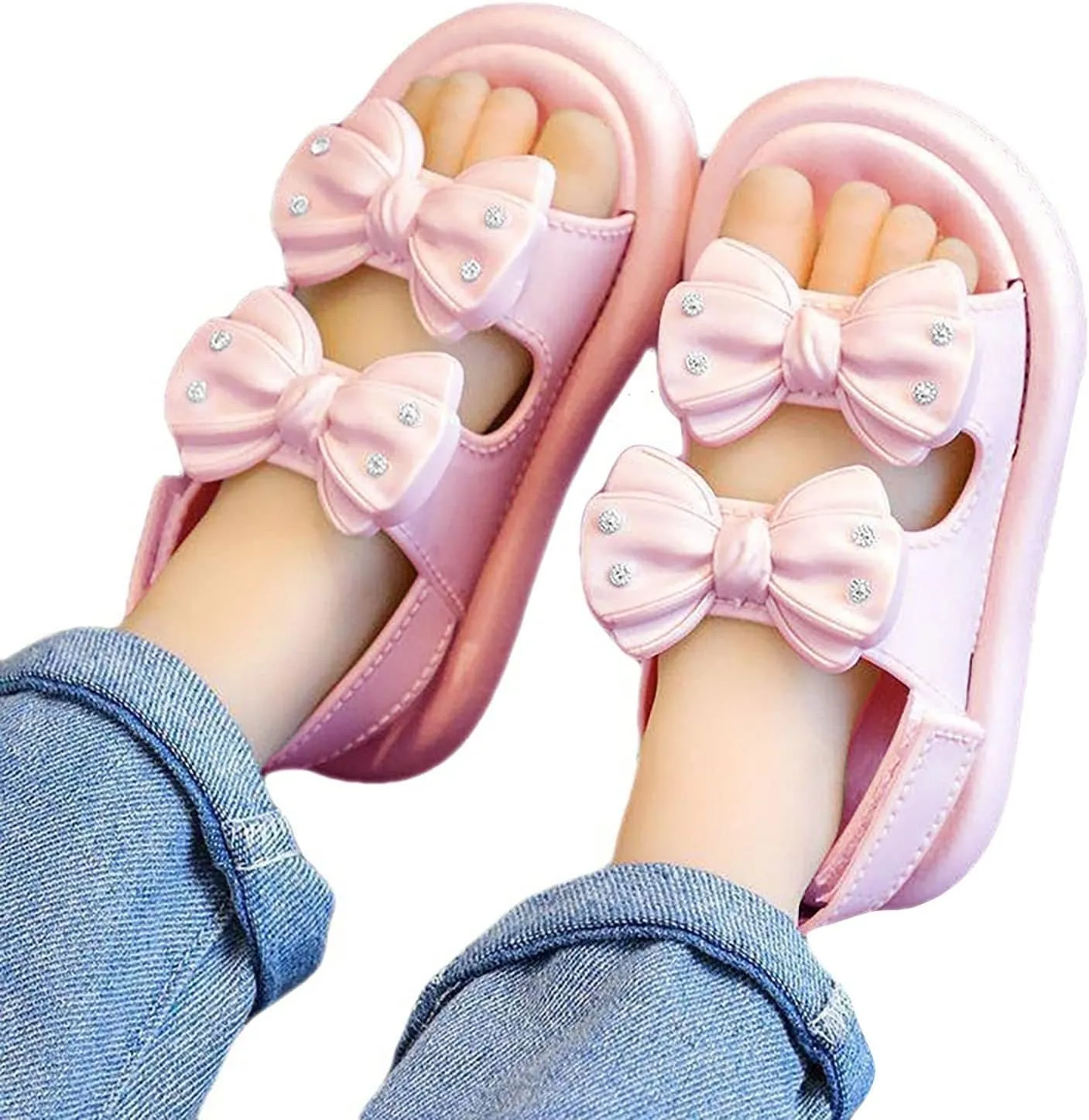 Baby Infant 𝗣ink Bow Pearl Foam Sandals With Strap Summer Casual Toddler Girls Flat Wide Shoes Slip On Shower Loafers