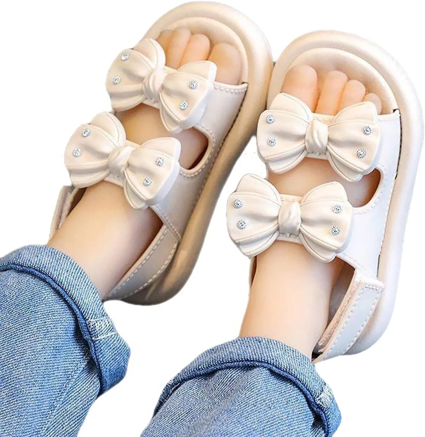 Baby Infant 𝗣ink Bow Pearl Foam Sandals With Strap Summer Casual Toddler Girls Flat Wide Shoes Slip On Shower Loafers