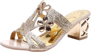 Block Heels for Women Open Toe Mid Heel Sandals Wedding Rhinestone Flower Sandal Summer Block Mid Heels Shoes 2025