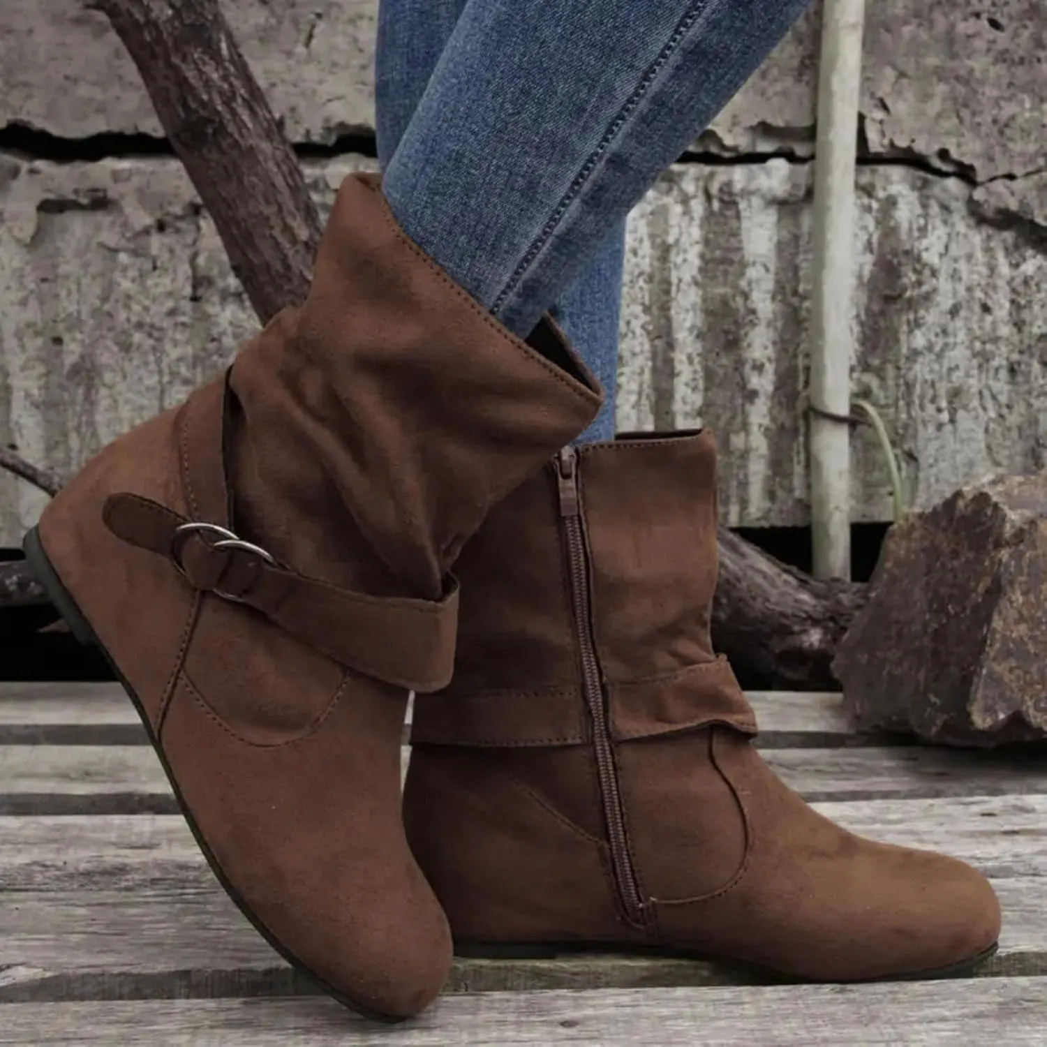 Boots for Women No Heels Side Zipper Boots Slouchy Round Toe Mid Calf Fashion Shoes Slip On Flats Casual Fall Winter Booties