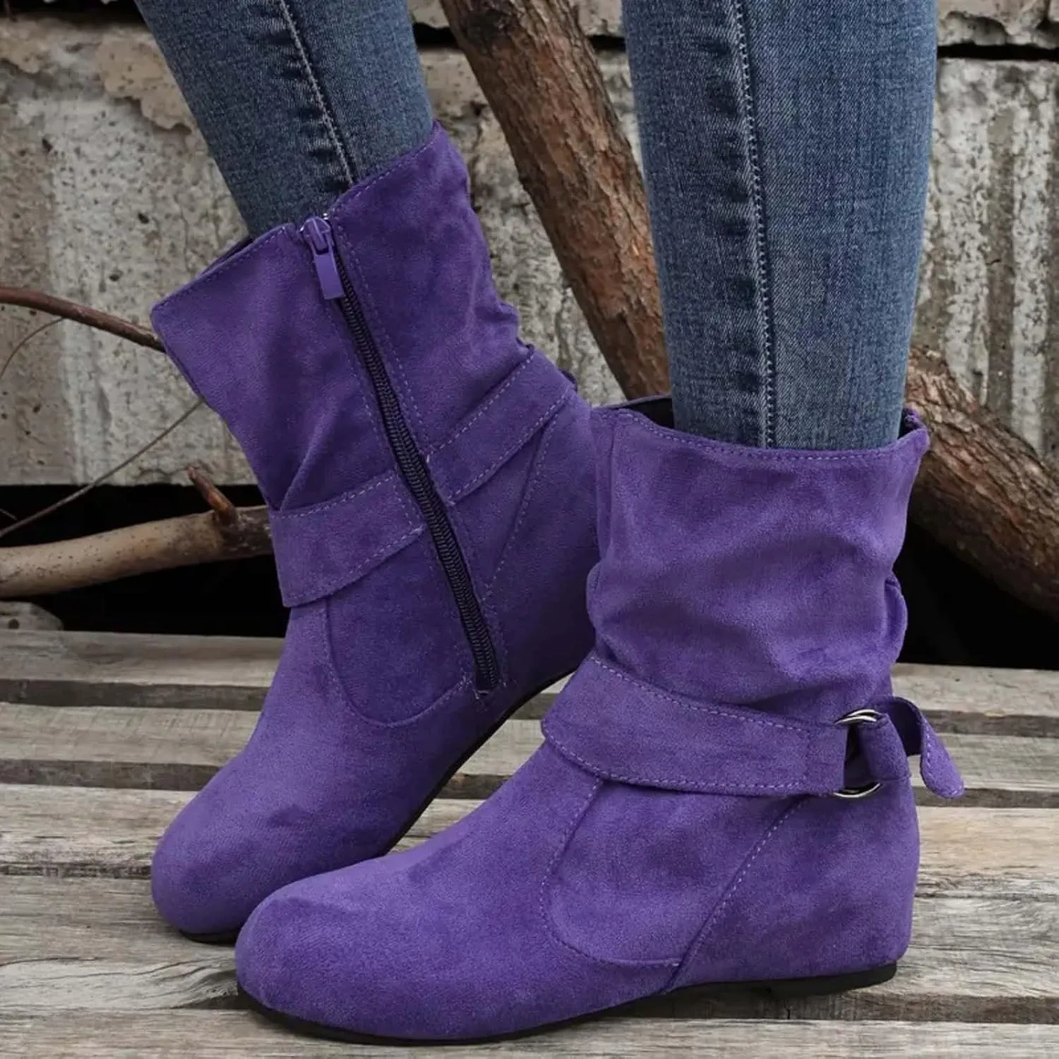 Boots for Women No Heels Side Zipper Boots Slouchy Round Toe Mid Calf Fashion Shoes Slip On Flats Casual Fall Winter Booties