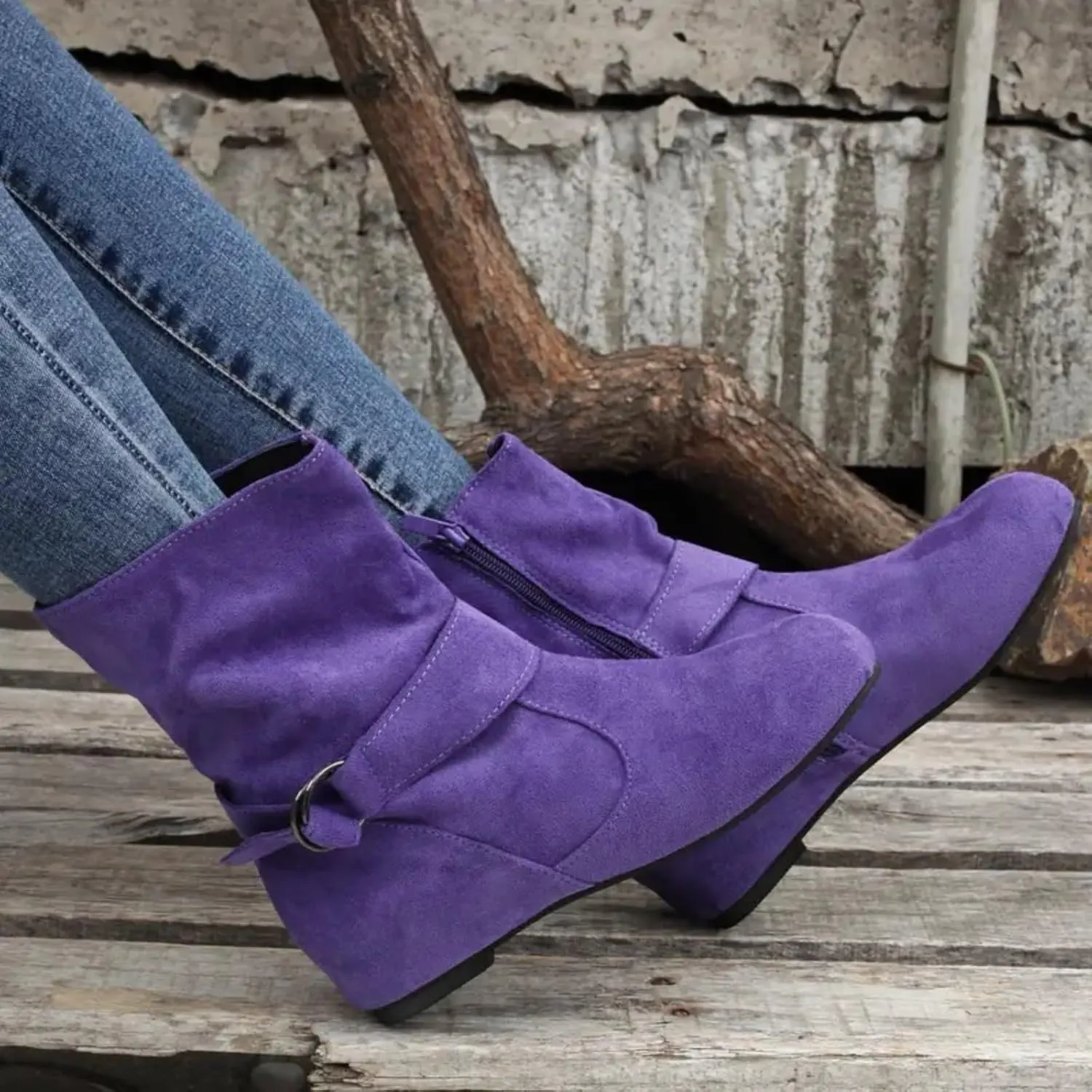 Boots for Women No Heels Side Zipper Boots Slouchy Round Toe Mid Calf Fashion Shoes Slip On Flats Casual Fall Winter Booties