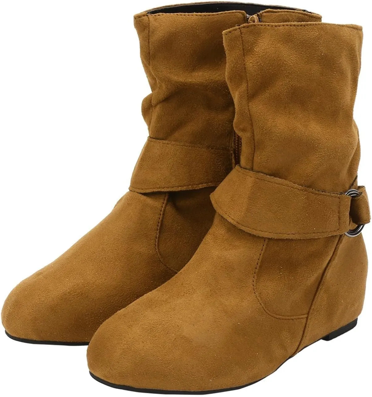 Boots for Women No Heels Side Zipper Boots Slouchy Round Toe Mid Calf Fashion Shoes Slip On Flats Casual Fall Winter Booties