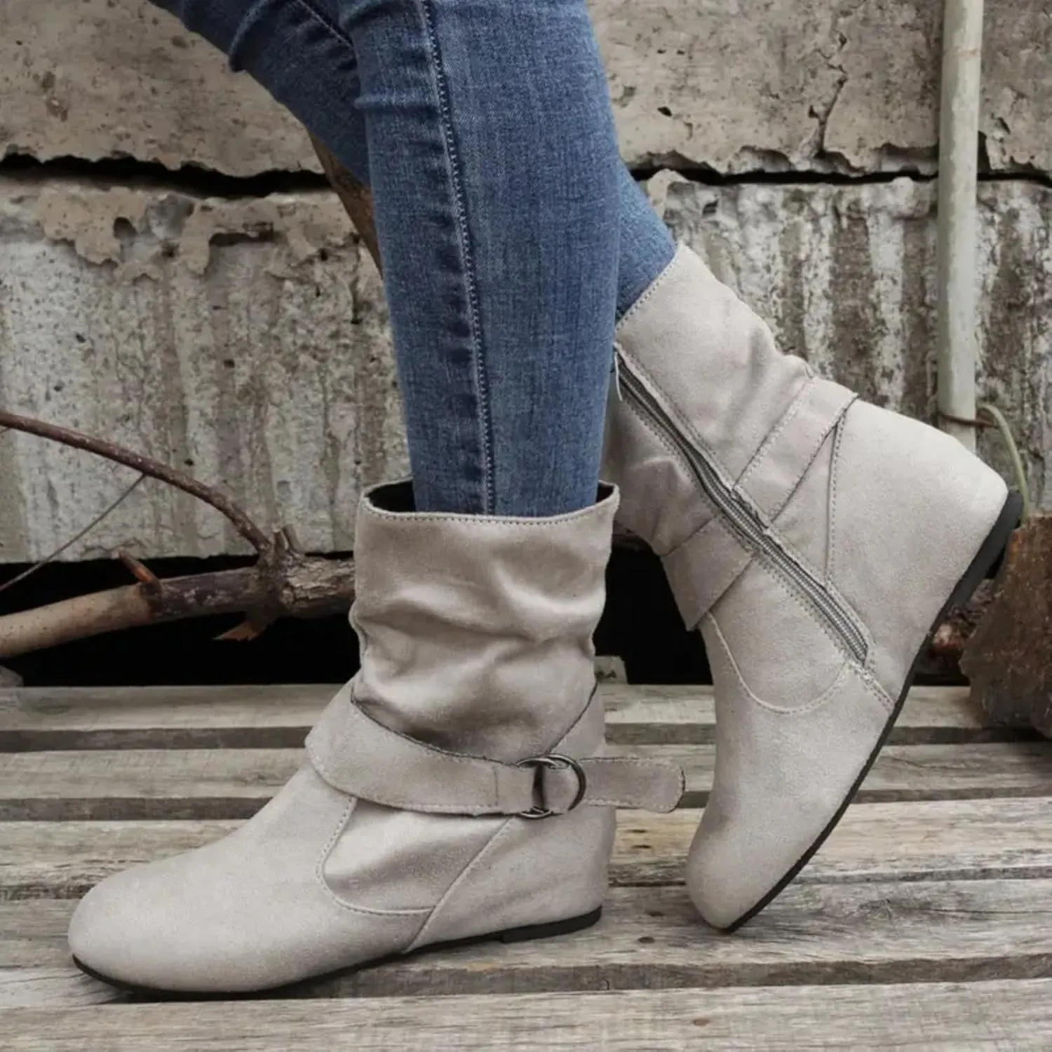 Boots for Women No Heels Side Zipper Boots Slouchy Round Toe Mid Calf Fashion Shoes Slip On Flats Casual Fall Winter Booties