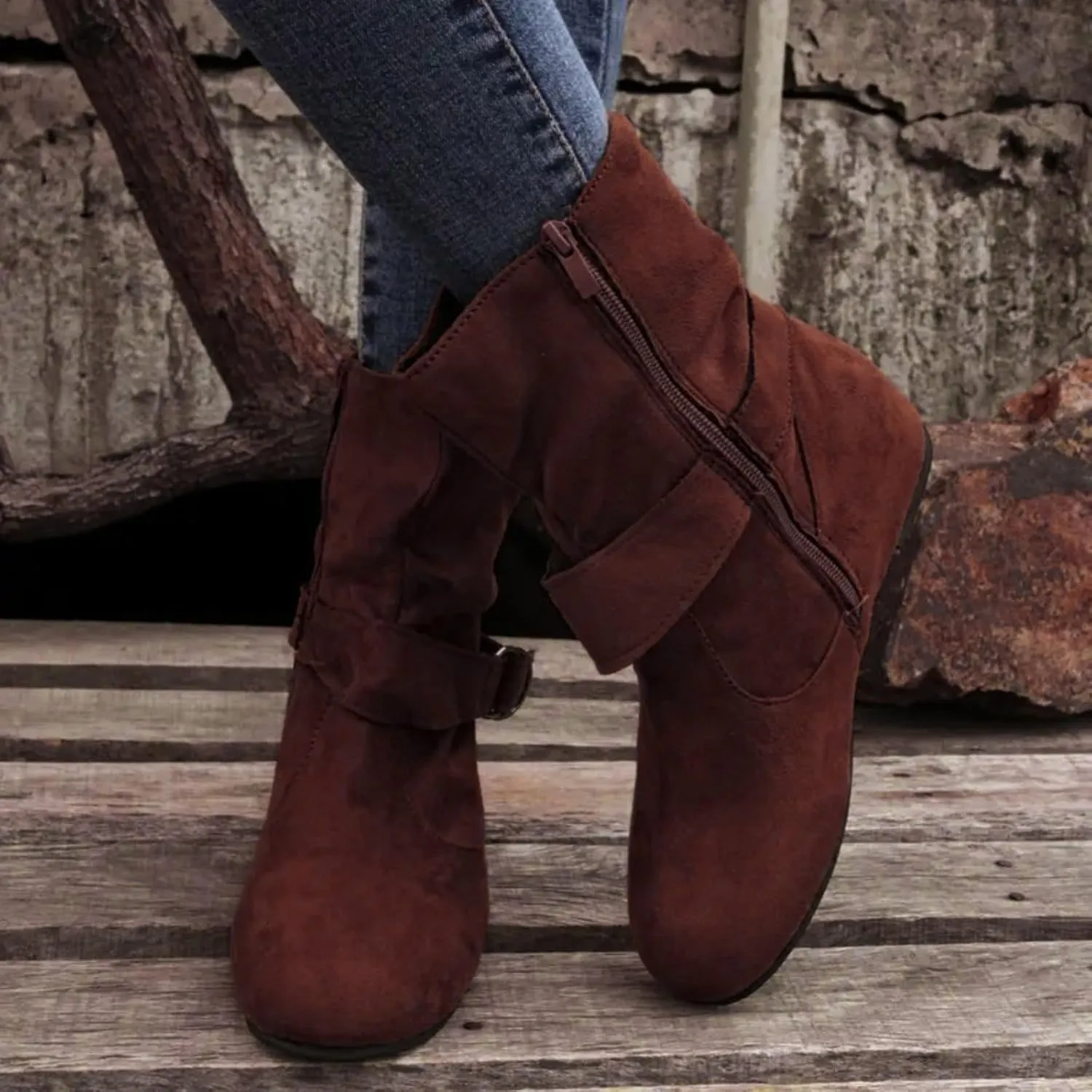 Boots for Women No Heels Side Zipper Boots Slouchy Round Toe Mid Calf Fashion Shoes Slip On Flats Casual Fall Winter Booties