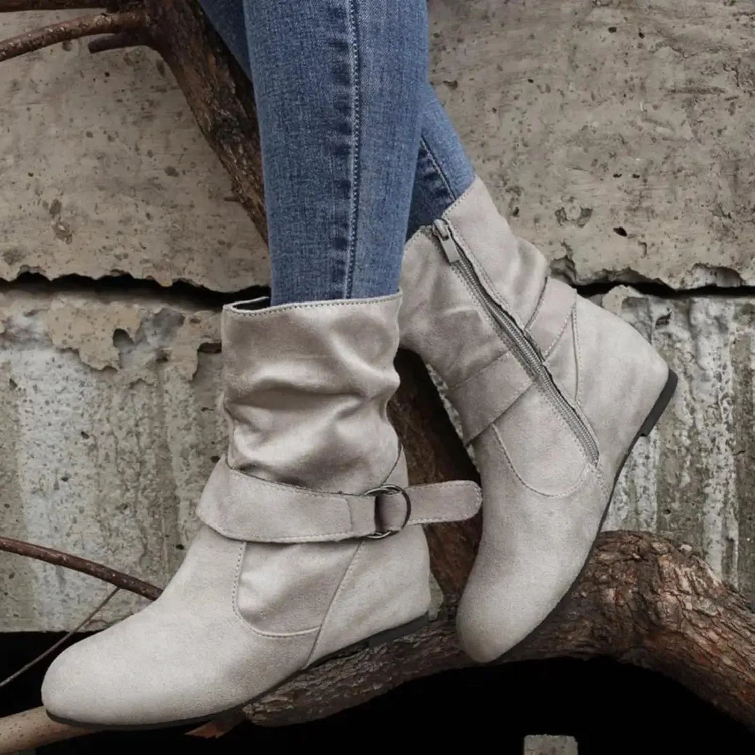 Boots for Women No Heels Side Zipper Boots Slouchy Round Toe Mid Calf Fashion Shoes Slip On Flats Casual Fall Winter Booties