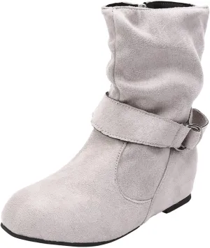 Boots for Women No Heels Side Zipper Boots Slouchy Round Toe Mid Calf Fashion Shoes Slip On Flats Casual Fall Winter Booties