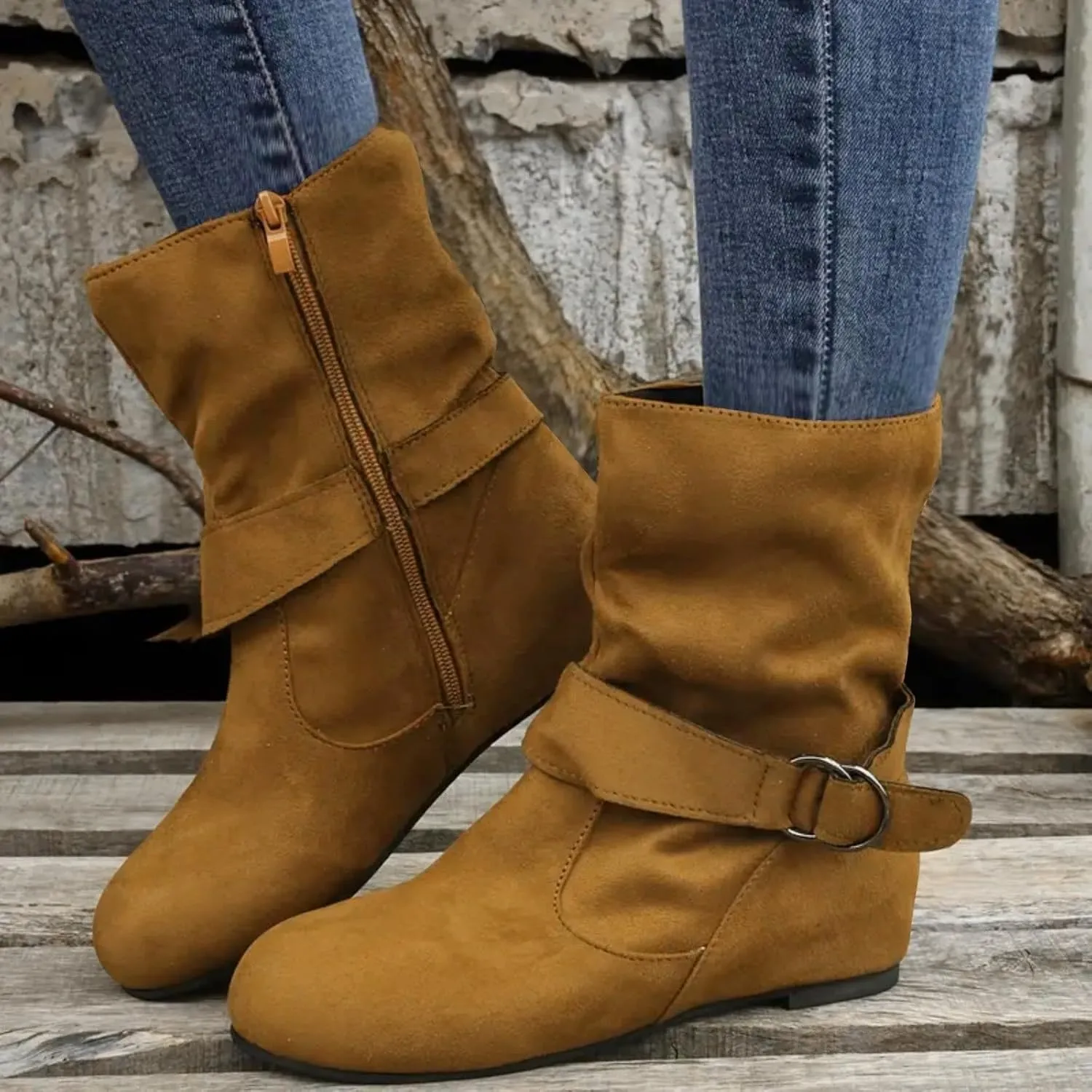 Boots for Women No Heels Side Zipper Boots Slouchy Round Toe Mid Calf Fashion Shoes Slip On Flats Casual Fall Winter Booties