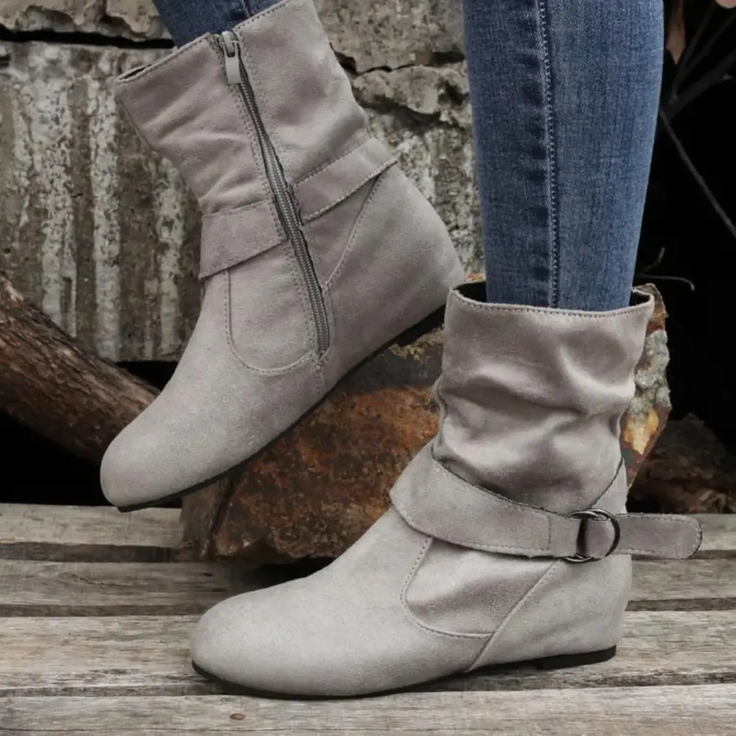 Boots for Women No Heels Side Zipper Boots Slouchy Round Toe Mid Calf Fashion Shoes Slip On Flats Casual Fall Winter Booties