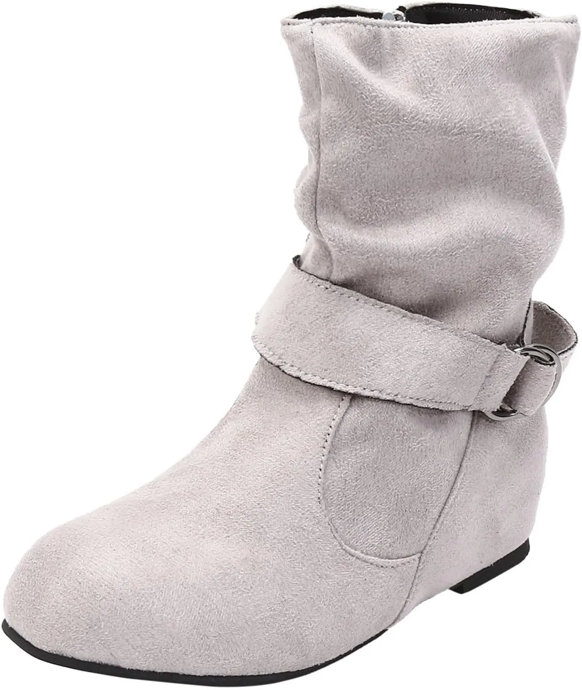 Boots for Women No Heels Side Zipper Boots Slouchy Round Toe Mid Calf Fashion Shoes Slip On Flats Casual Fall Winter Booties