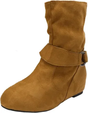 Boots for Women No Heels Side Zipper Boots Slouchy Round Toe Mid Calf Fashion Shoes Slip On Flats Casual Fall Winter Booties