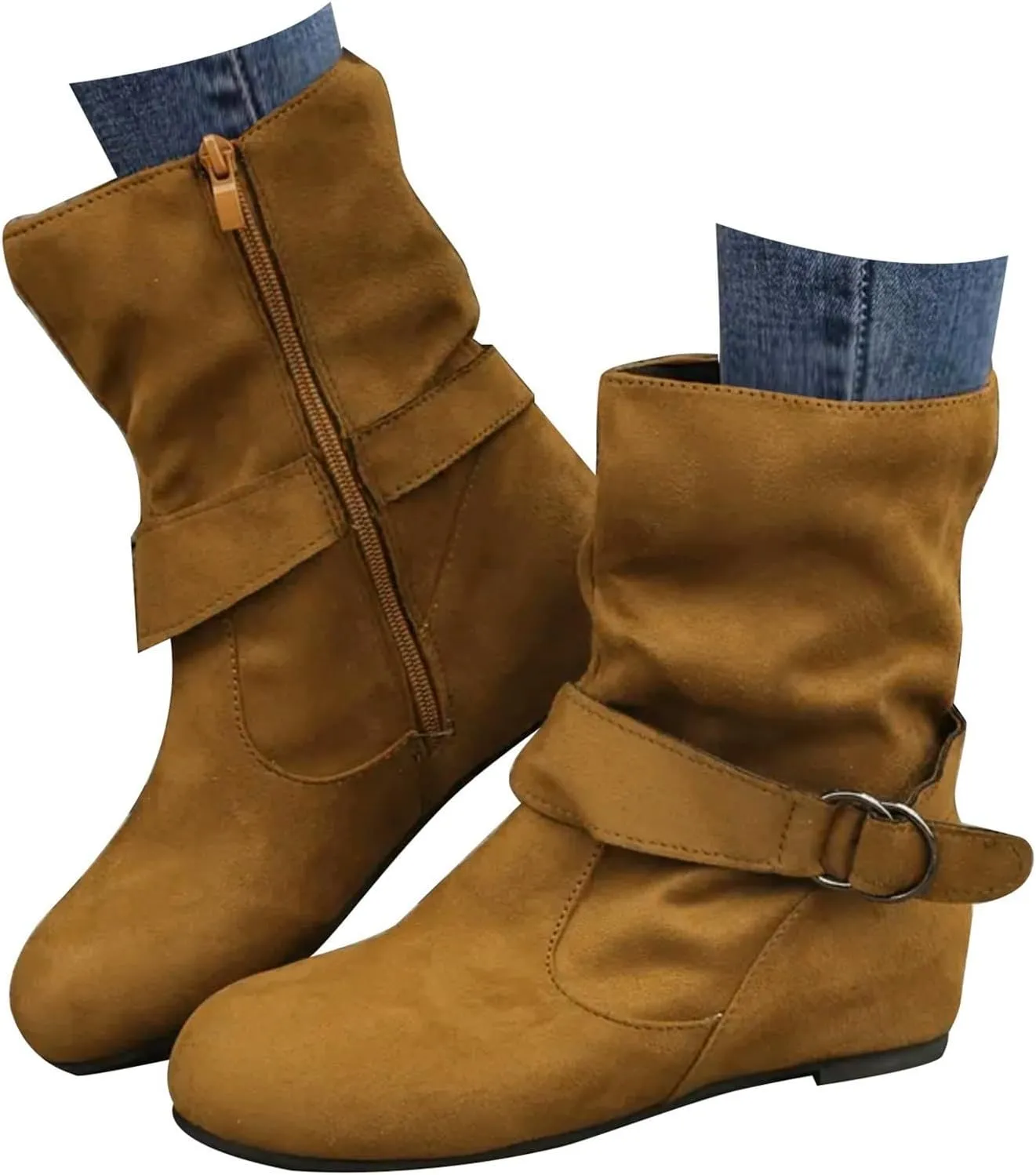 Boots for Women No Heels Side Zipper Boots Slouchy Round Toe Mid Calf Fashion Shoes Slip On Flats Casual Fall Winter Booties