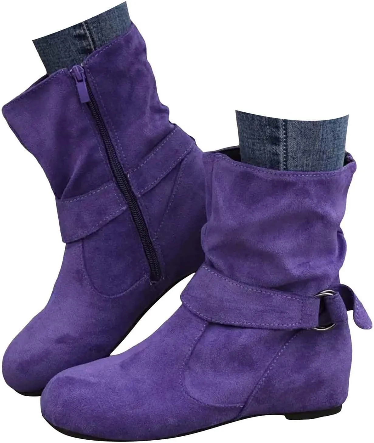 Boots for Women No Heels Side Zipper Boots Slouchy Round Toe Mid Calf Fashion Shoes Slip On Flats Casual Fall Winter Booties