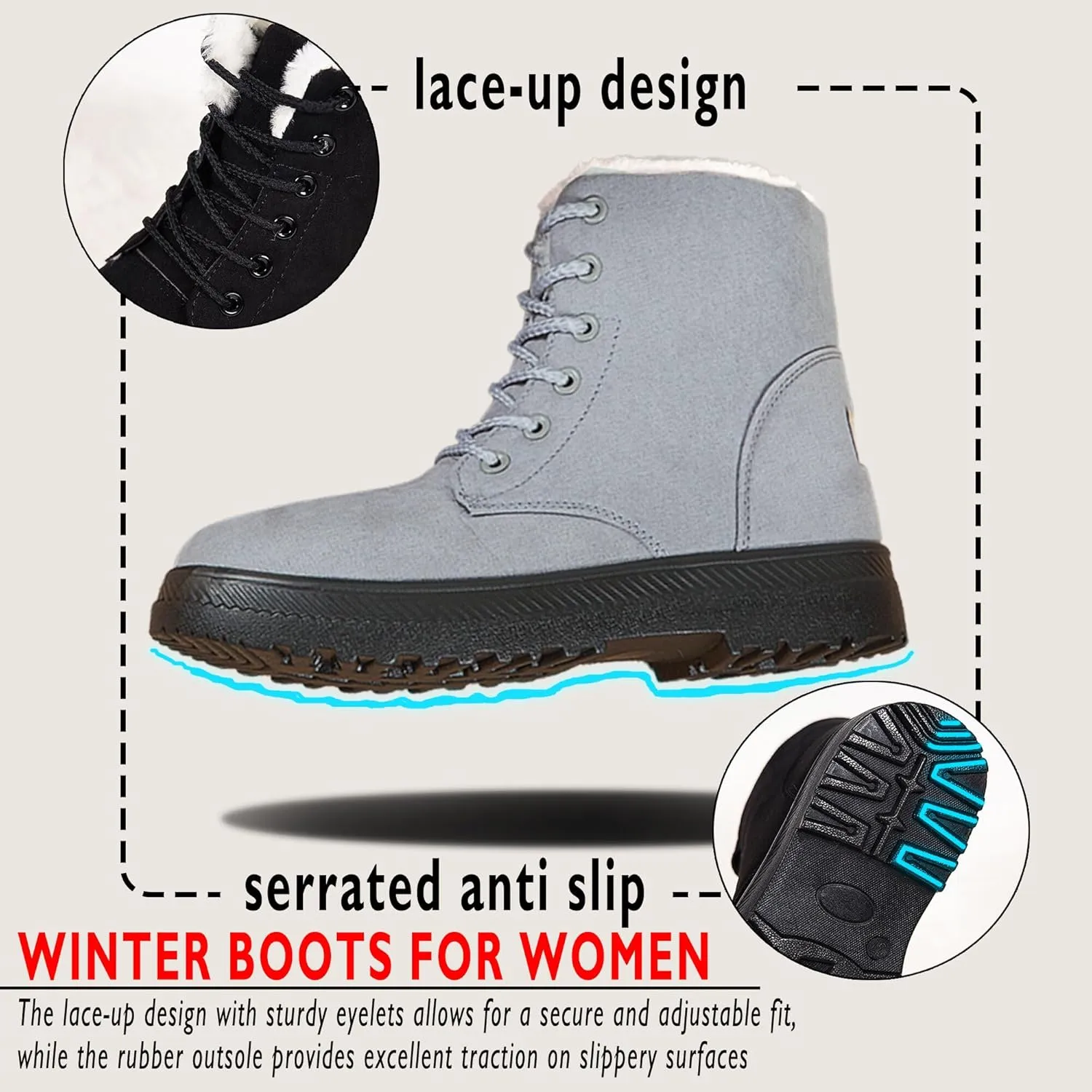 Boots for Women Snow Suede Warmth Lace-Up Winter Ladies Shoes Durable and Traction