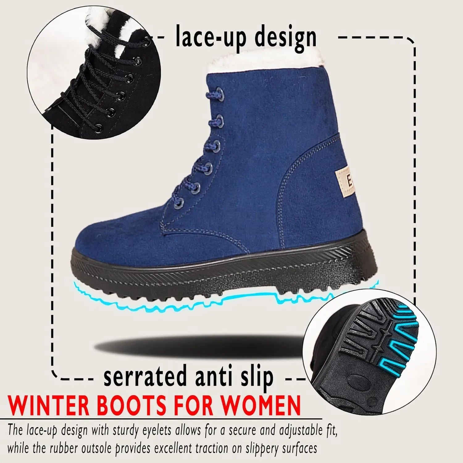 Boots for Women Snow Suede Warmth Lace-Up Winter Ladies Shoes Durable and Traction