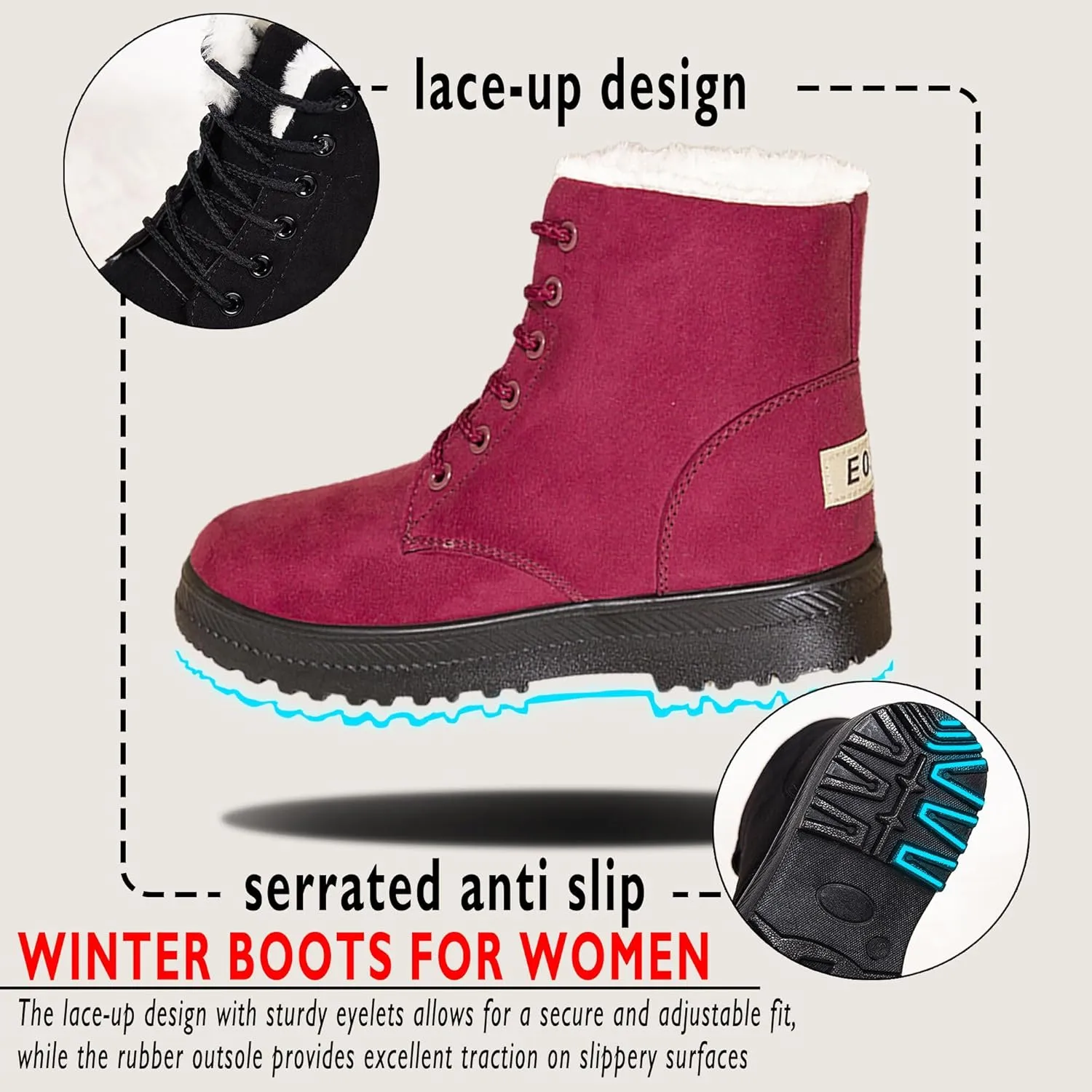 Boots for Women Snow Suede Warmth Lace-Up Winter Ladies Shoes Durable and Traction