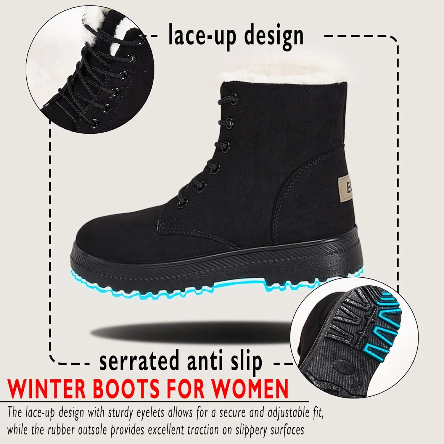 Boots for Women Snow Suede Warmth Lace-Up Winter Ladies Shoes Durable and Traction