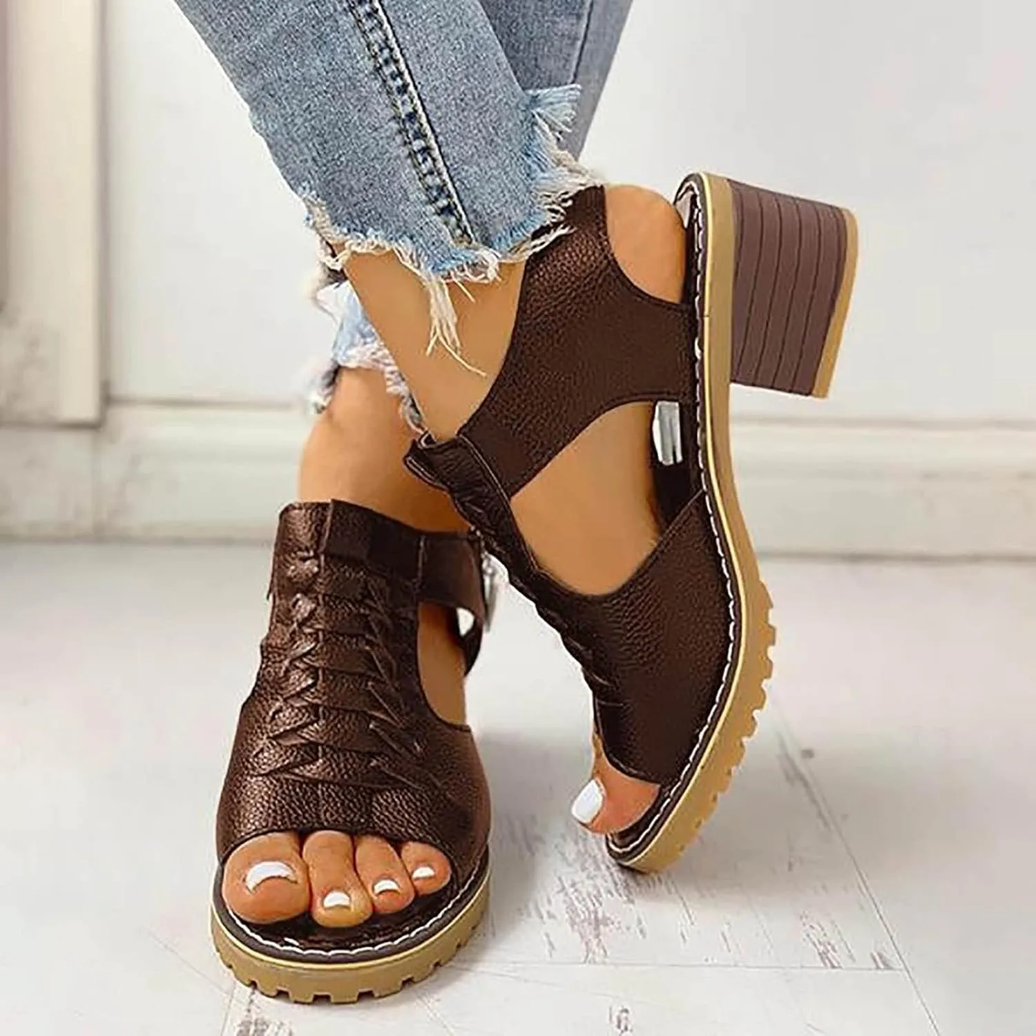 Chunky Heels Womens Peep Toe Dress Shoes Cutout Summer Sandals Comfort Short Heels Business Casual Shoes