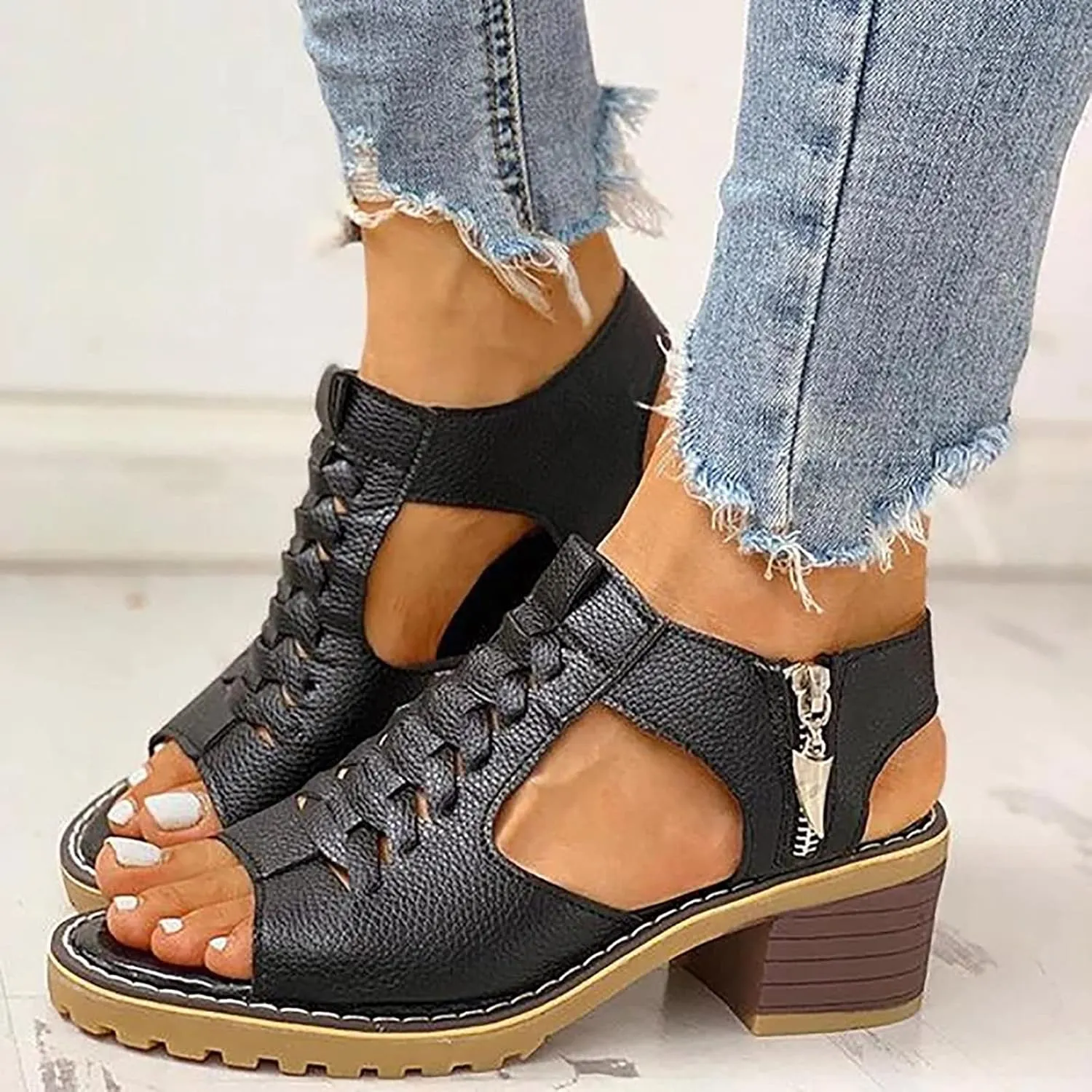 Chunky Heels Womens Peep Toe Dress Shoes Cutout Summer Sandals Comfort Short Heels Business Casual Shoes