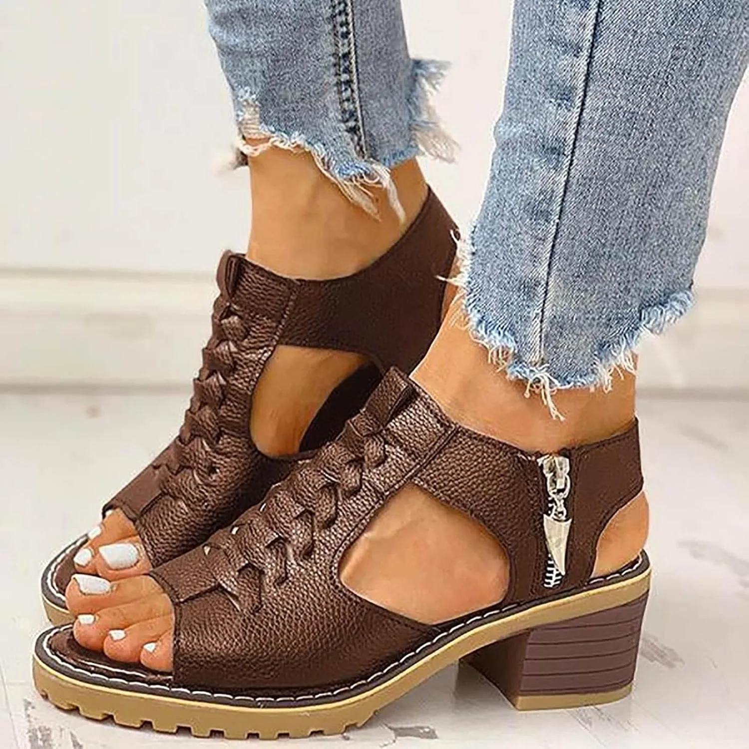Chunky Heels Womens Peep Toe Dress Shoes Cutout Summer Sandals Comfort Short Heels Business Casual Shoes