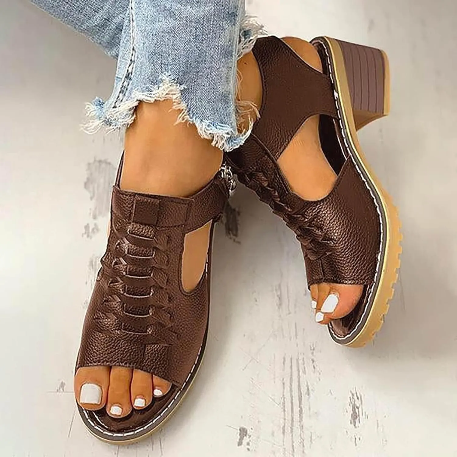 Chunky Heels Womens Peep Toe Dress Shoes Cutout Summer Sandals Comfort Short Heels Business Casual Shoes