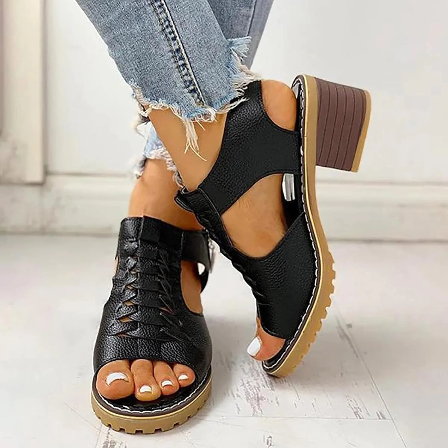 Chunky Heels Womens Peep Toe Dress Shoes Cutout Summer Sandals Comfort Short Heels Business Casual Shoes