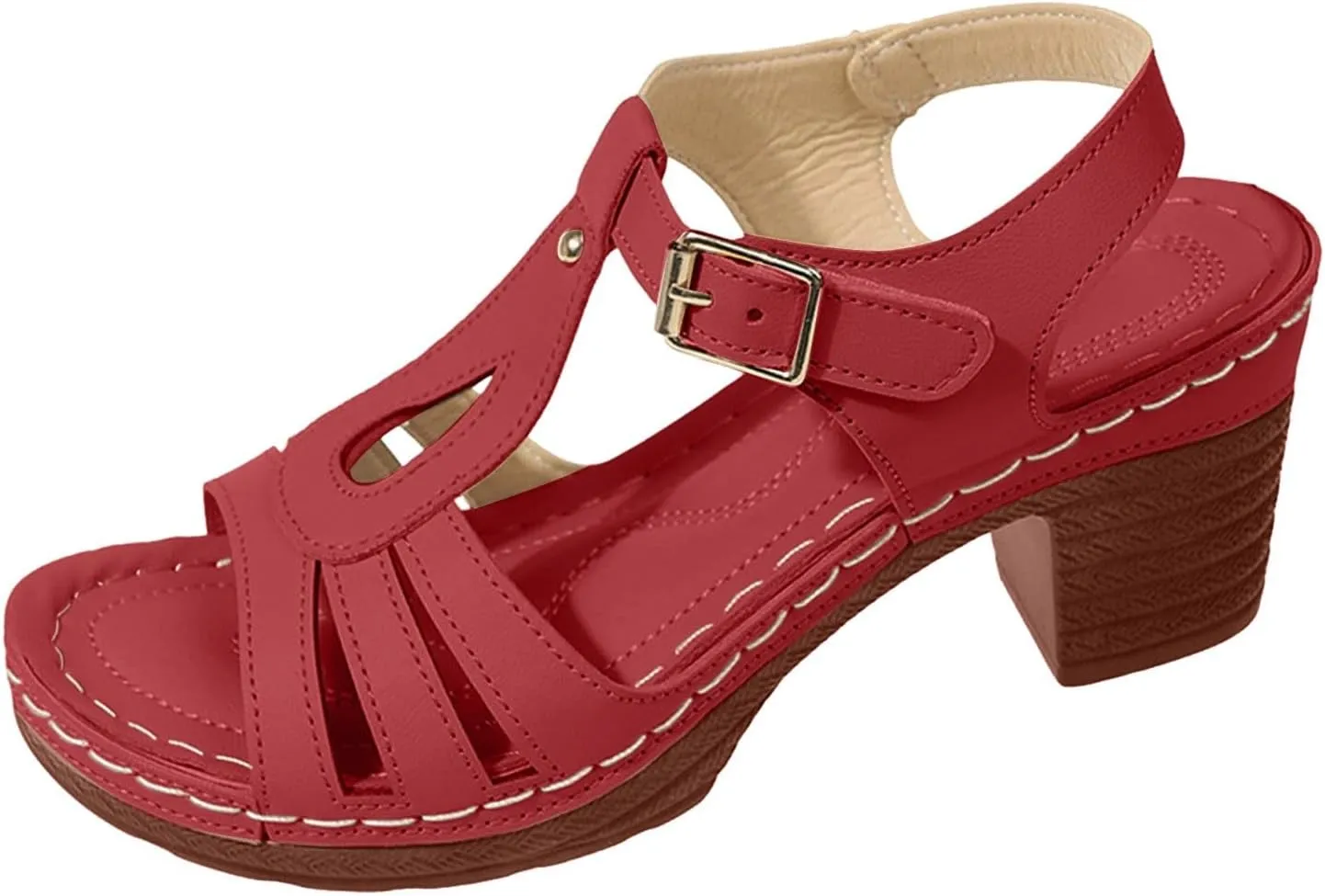Chunky High Heels Sandals for Womens 2025 Open Toe Solid Color Hollow Classic Casual Chunky Heeled Sandals Summer T-strap Adjustable Ankle Strap Summer Fashionable Comfy Dressy Heel Sandal