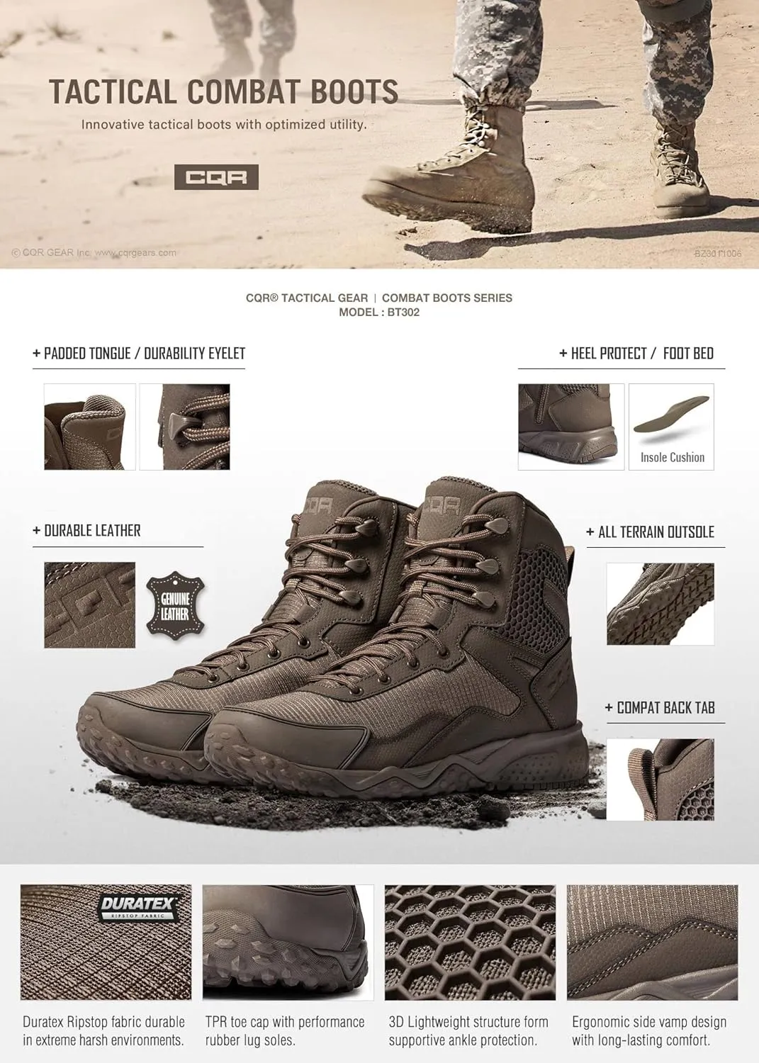 CQR Men's Military Tactical Boots, Lightweight 6 Inches Combat Boots, Durable EDC Outdoor Work Boots