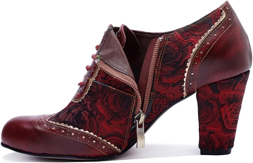 CrazycatZ Women's Leather Dressing Shoes Pumps,Colorful Block Heel Leather Dress Pumps