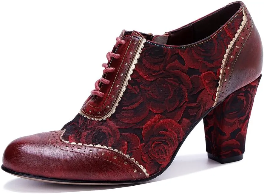 CrazycatZ Women's Leather Dressing Shoes Pumps,Colorful Block Heel Leather Dress Pumps