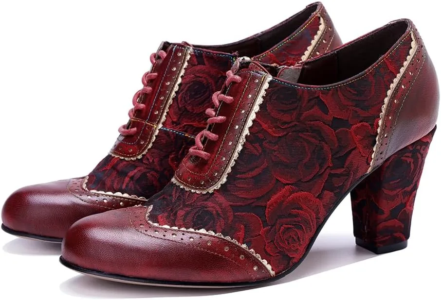 CrazycatZ Women's Leather Dressing Shoes Pumps,Colorful Block Heel Leather Dress Pumps