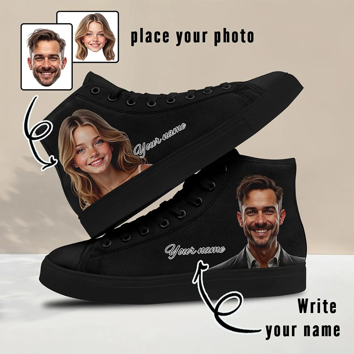 Custom Couple High-top Canvas Shoes for Men&Women Gift for Lovers Personalized Photo Name Light-Weight Flat Casual Sneaker
