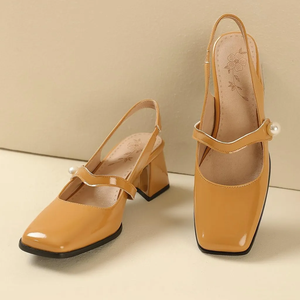 DINTAHA Womens Square Toe Slingback Heels Patent Leather Chunky Mary Jane Heels