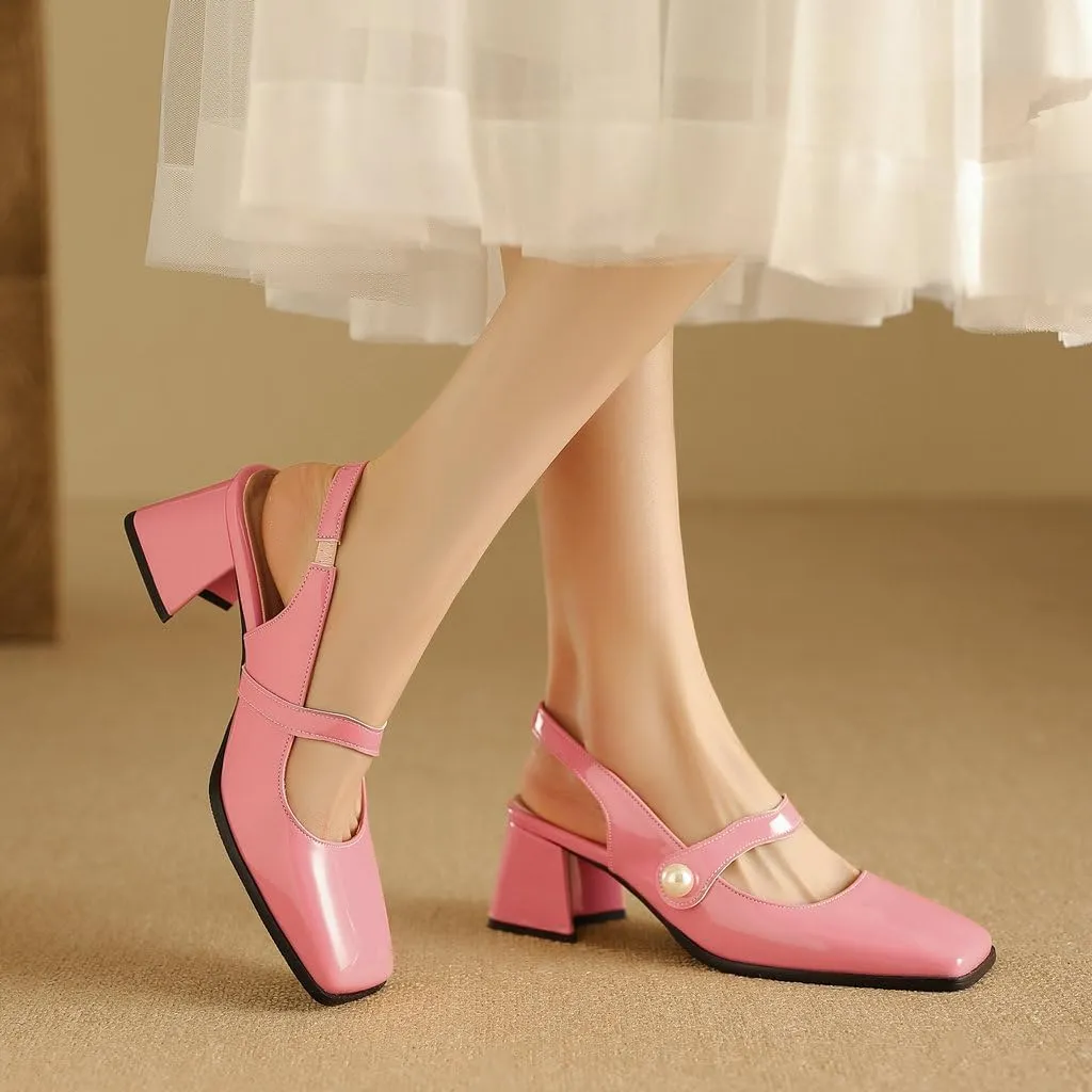 DINTAHA Womens Square Toe Slingback Heels Patent Leather Chunky Mary Jane Heels
