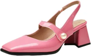 DINTAHA Womens Square Toe Slingback Heels Patent Leather Chunky Mary Jane Heels