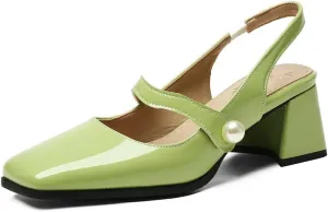 DINTAHA Womens Square Toe Slingback Heels Patent Leather Chunky Mary Jane Heels