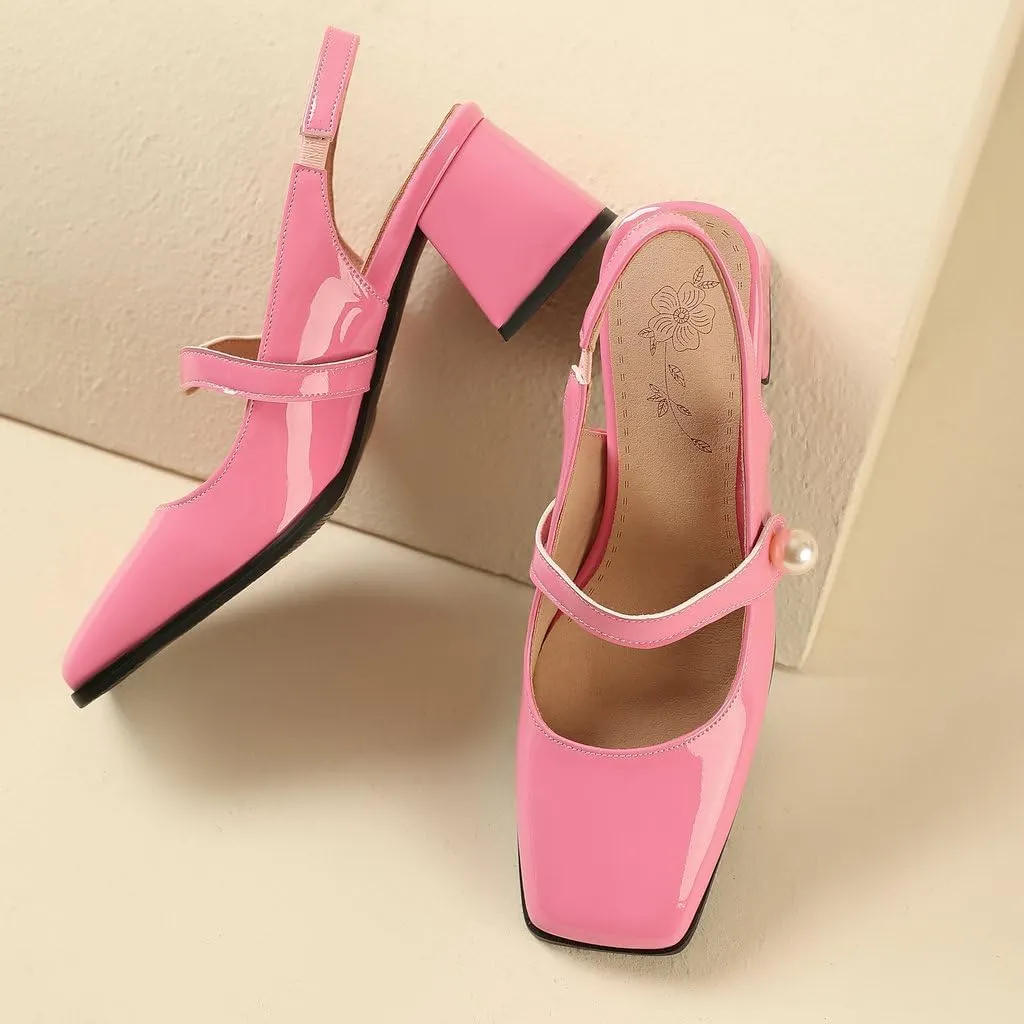 DINTAHA Womens Square Toe Slingback Heels Patent Leather Chunky Mary Jane Heels