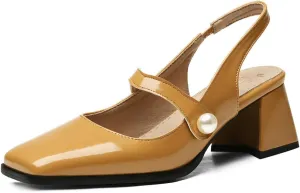 DINTAHA Womens Square Toe Slingback Heels Patent Leather Chunky Mary Jane Heels